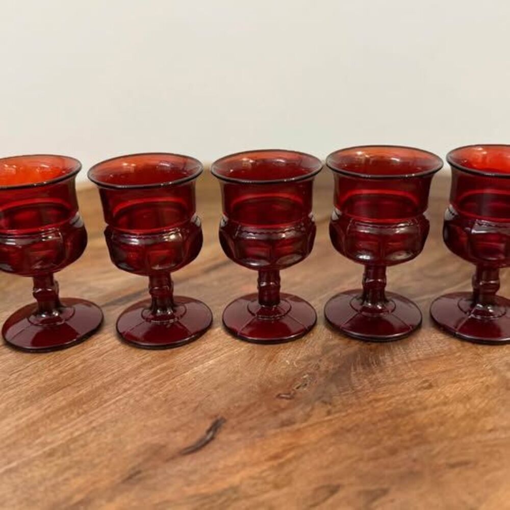 Mid-Century RubyRed Liqueur Glasses • 5 Vintage Glass Cordials • Holiday Barware